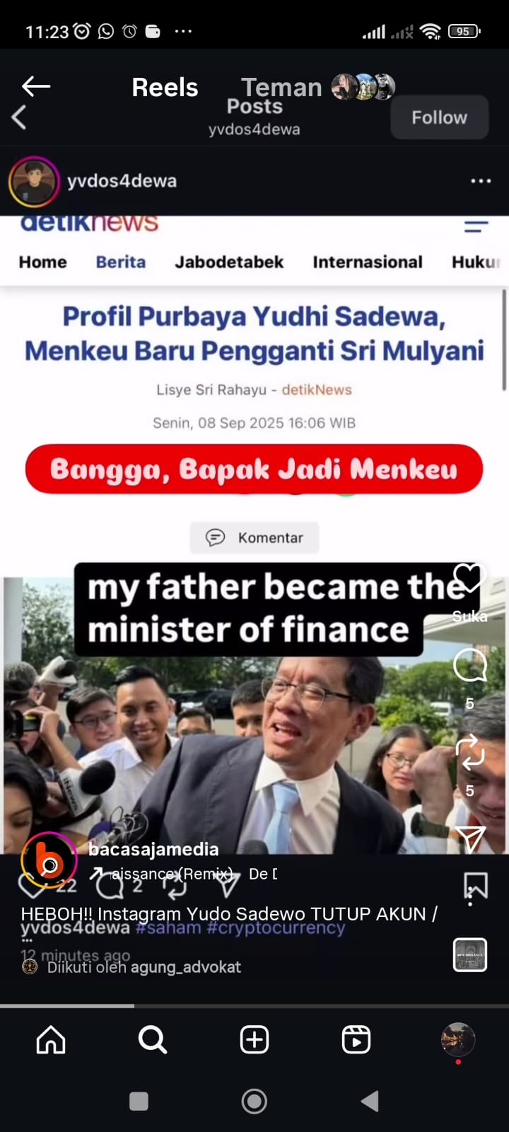 Akun Instagram diduga milik putra Menkeu Purbaya